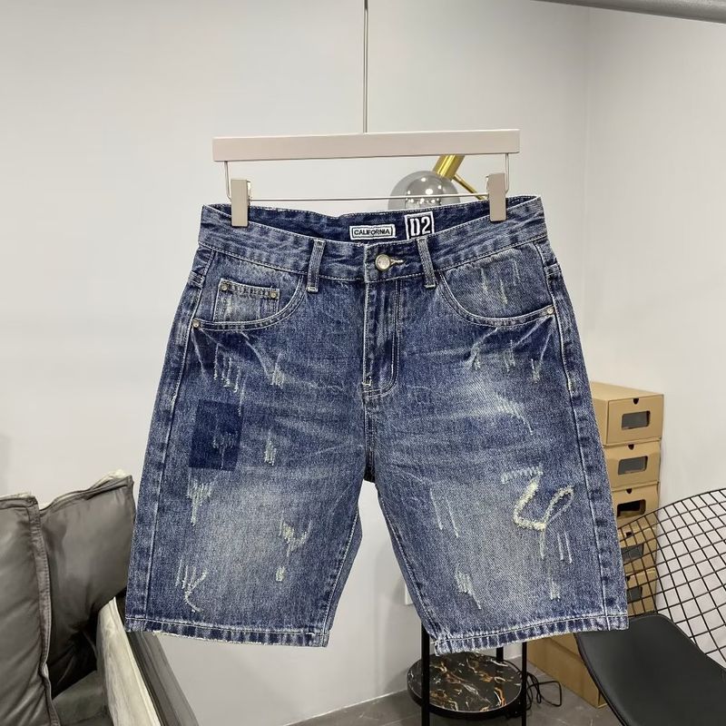 Vintage Light Blue Labeled Men's Denim Shorts - Slim Fit Stretch Summer Casual Shorts With Distressed Wash_voghion.com