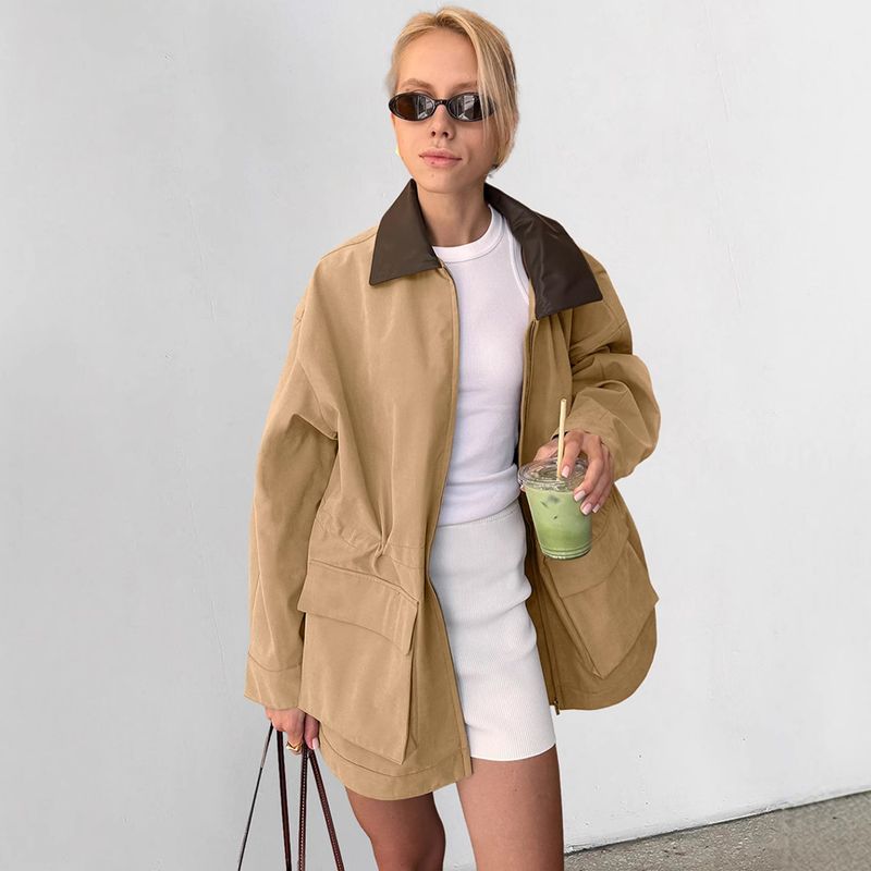 Veste coupe-vent ample en cuir patchwork kaki automne et hiver pour femme_voghion.com