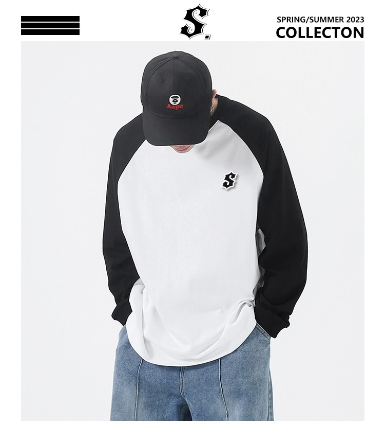 Mann kleidung der Schwere Klett stickerei langarm T-shirt jungen mode marke reine baumwolle lose paar_voghion.com