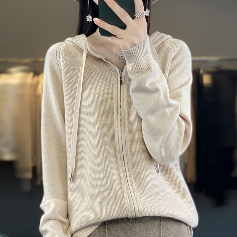 Double Zipper Knitted Cardigan Women's Hooded Sweater Autumn Winter New Loose Casual Solid Color Versatile Coat_voghion.com