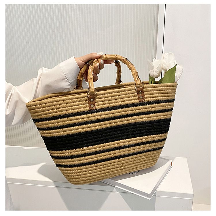 Gestreifte große Kapazität Stroh Persönlichkeit Casual Urlaub Strand Frauen Nischendesign Bambus Griff Tasche Taschen_voghion.com