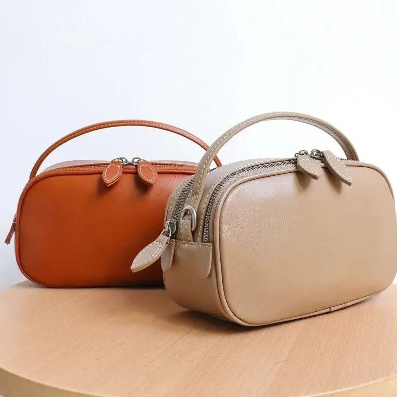 Designer 2025 Women's Plain Solid Color Minimalist Vegetable Tanned Leather Top-Handle Cross Body Real Cowhide Small_voghion.com