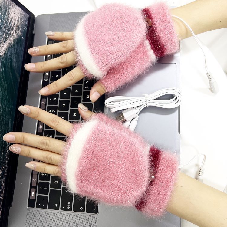 Heating Gloves Children's USB half-finger flip over electric gloves Student's extra thick mink velvet thermal gloves_voghion.com