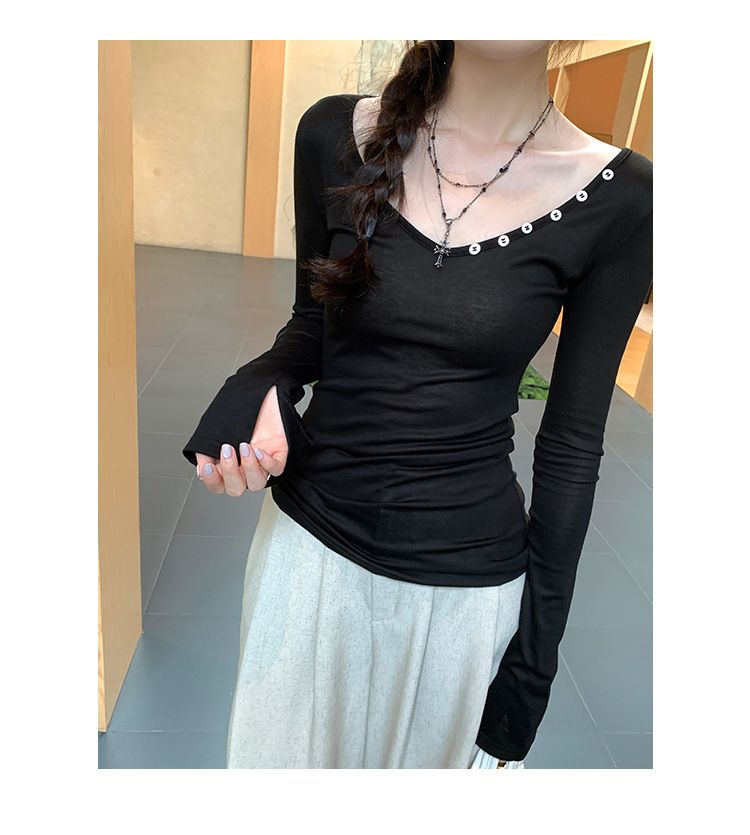 Camiseta feminina de manga comprida com decote em V e listras largas, estilo novo de outono, base de camada interna adelgaçante que aperta a cintura_voghion.com