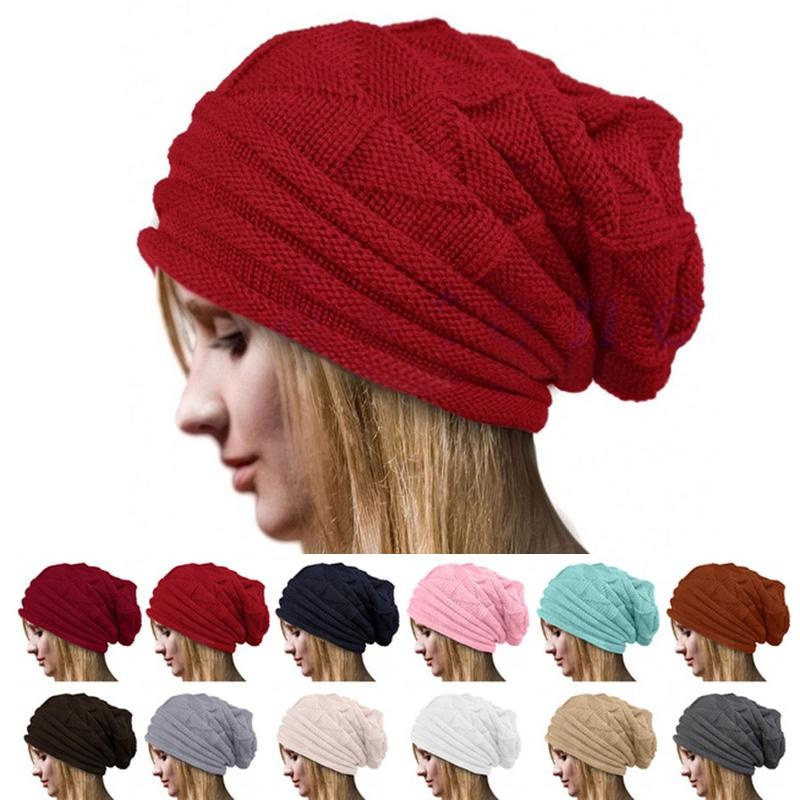 Europeisk stil Höst Vinter Mode Unisex stickad Virkad Solid Varm Baggy Beanie Hat Oversized Slouch Cap_voghion.com