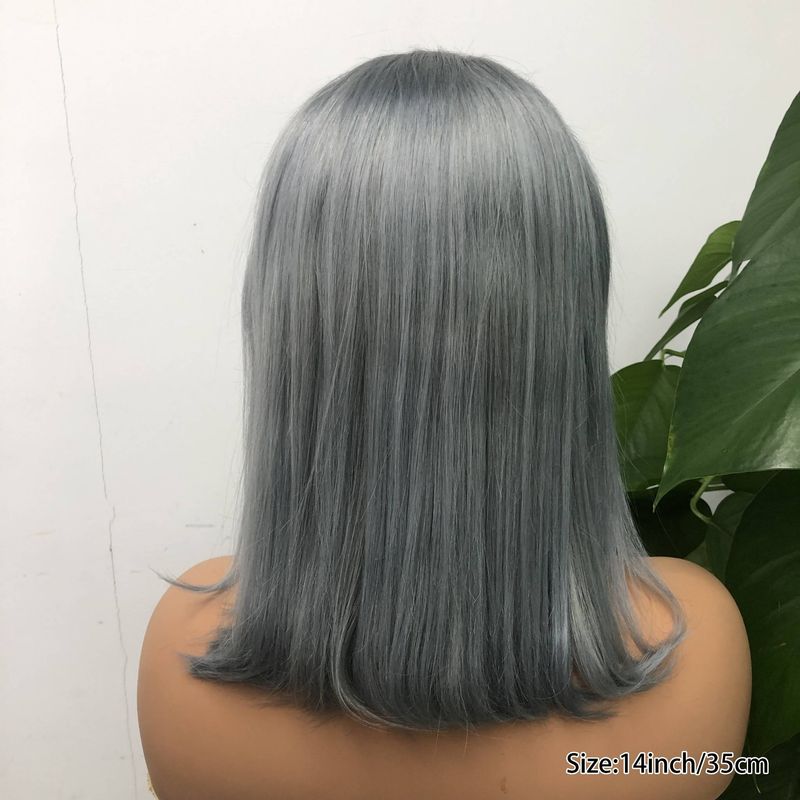 Parrucca per capelli umani in pizzo MAKI marca 13 * 4 100% veri capelli umani caschetto corto grigio argento adatto per l'uso quotidiano_voghion.com
