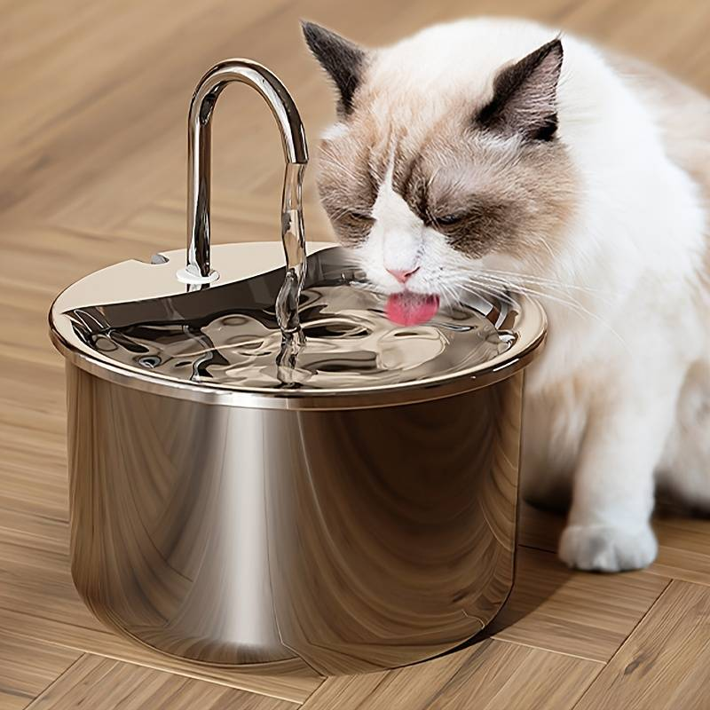 Fontaine à eau automatique pour animaux de compagnie en acier inoxydable | Distributeur d'eau silencieux pour chats et chiens, alimenté par USB, avec bassin anti-éclaboussures, grande capacité de 2,5 L_voghion.com