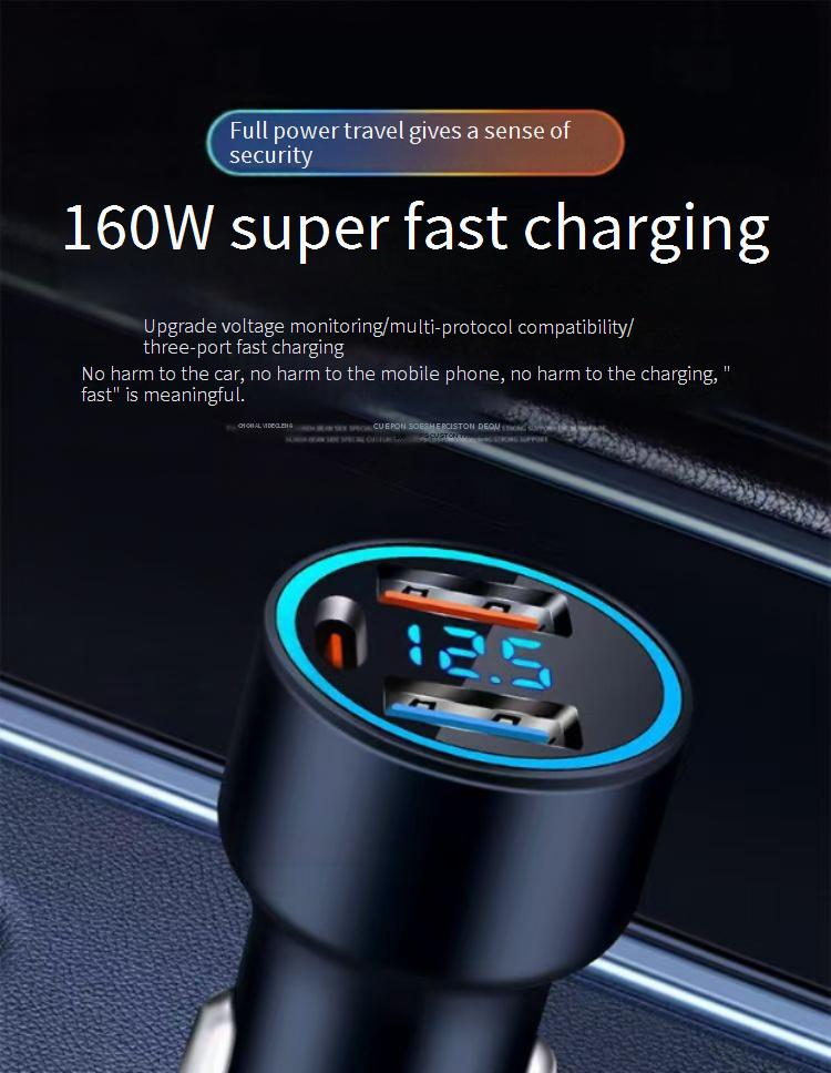 Cargador de coche superrápido de 100 W con pantalla digital, tres puertos USB y tipo C, adaptador metálico para encendedor de cigarrillos para una carga rápida en vehículos._voghion.com