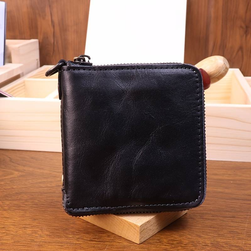 Handmade Genuine Leather Wallet Retro Short Vintage Vegetable-tanned Water-washed Cowhide Personalized Zipper Wallet_voghion.com