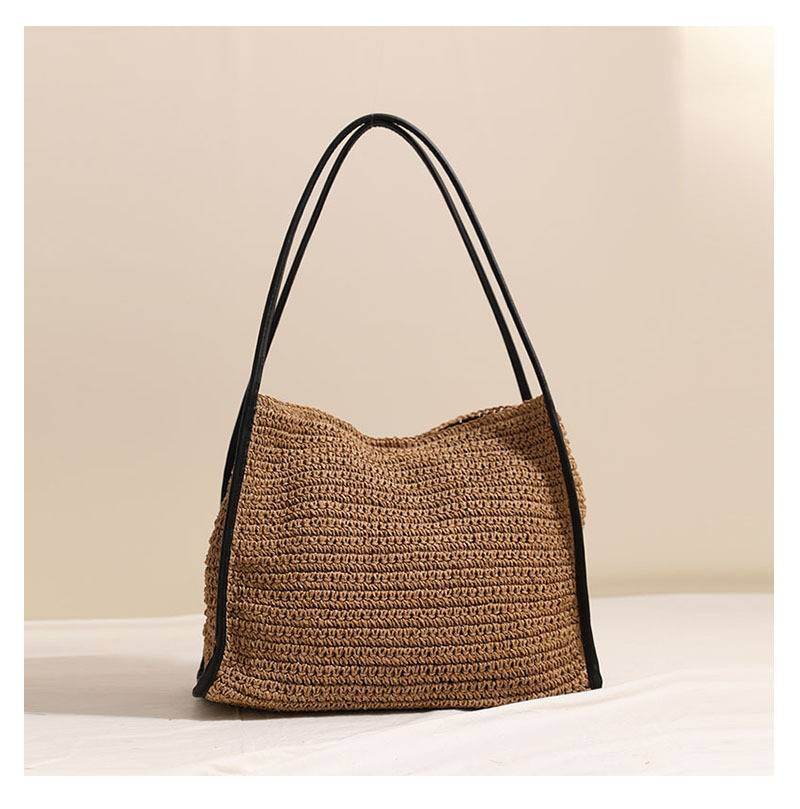 Strohtasche mit großer Kapazität, Strandtasche für Damen im Urlaub, modische einzelne Schultertasche_voghion.com