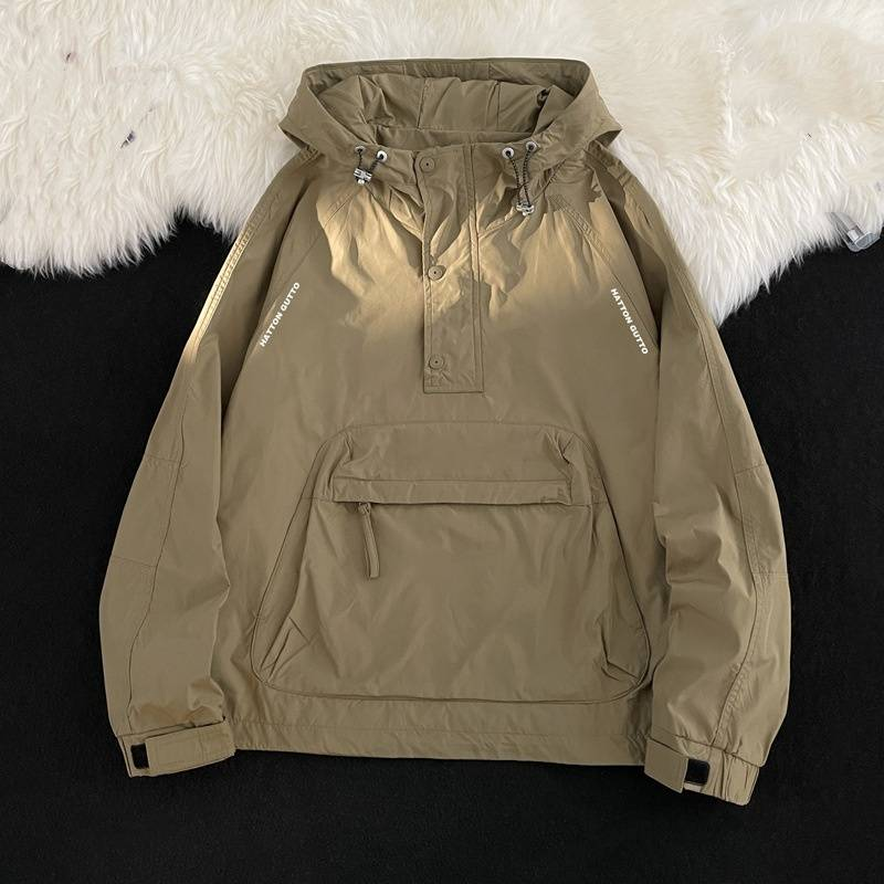 Utility-Pulloverjacke für Herren – Wasserabweisend, Kapuzenpullover mit mehreren Taschen, unverzichtbar für Streetwear und Outdoor (Schwarz/Khaki)_voghion.com