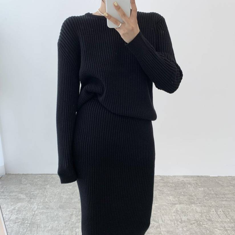 Schickes Set aus Pullover und Bleistiftrock – Minimalistischer Rollkragenpullover aus Rippstrick mit hochgeschlitztem, figurbetontem Midikleid (Beige/Schwarz/Grau/Camel, S-XL, gemütlich für den Winter)_voghion.com