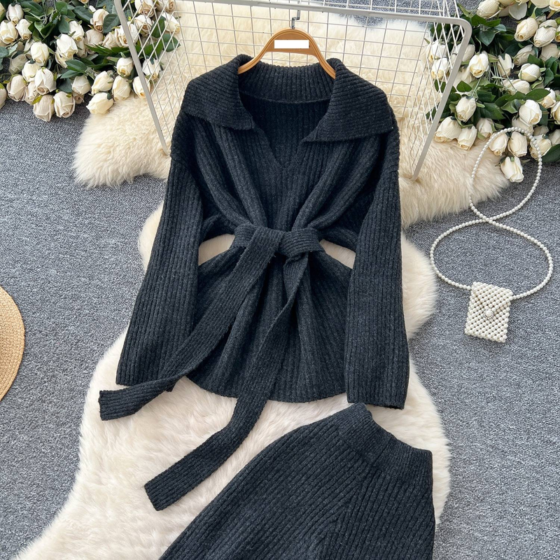 Elegant Lazy Style Knit Sweater Set With Belted Waist & High-Waisted Pants – Oversized Lapel Long Sleeve Two-Piece Outfit In Dark Gray / Beige_voghion.com