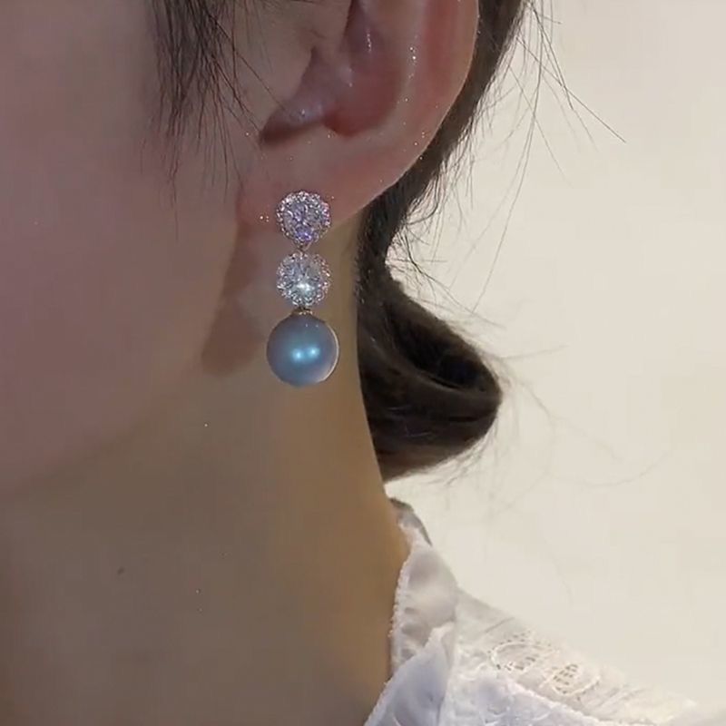 Brincos de pérolas azuis com diamantes cravejados, novos brincos de prata S925, temperamento de nicho, versáteis para mulheres, 2022_voghion.com