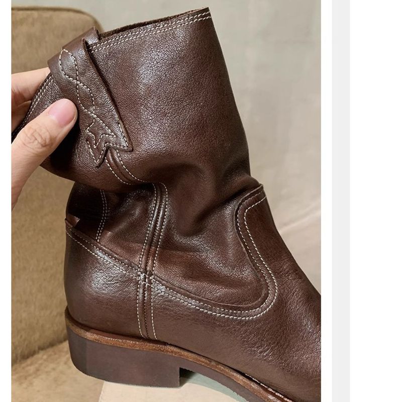 Genuine Leather Round-Toe Chunky Heel 2025 Fall/Winter New Women's Martin Boot_voghion.com