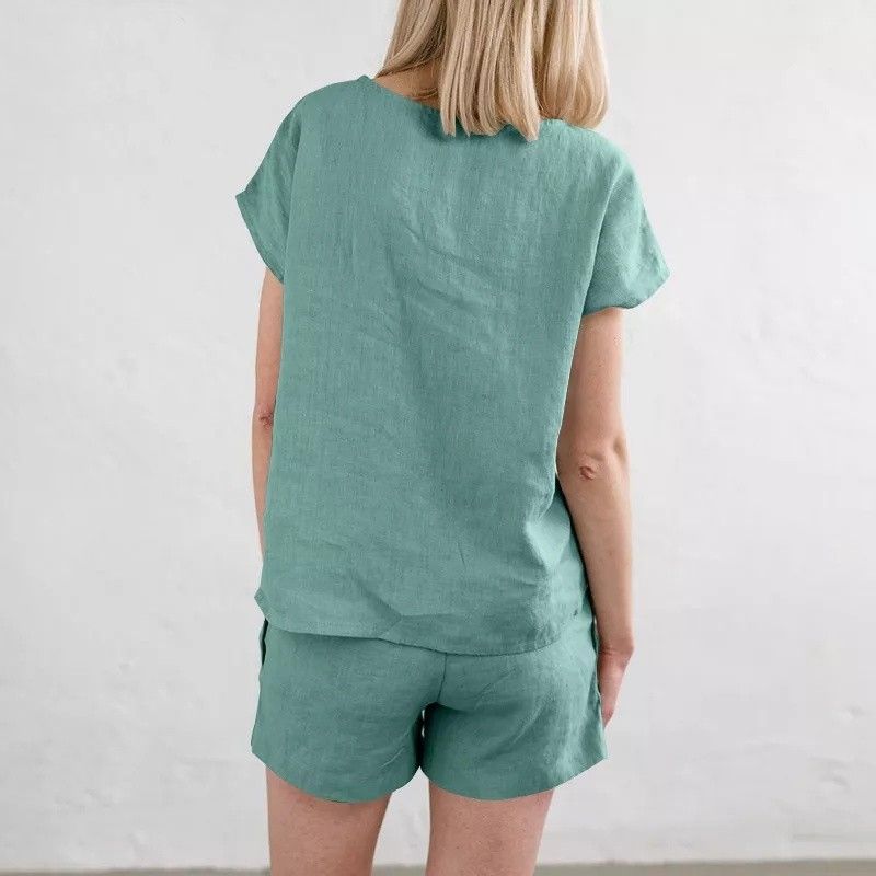 Tuta da donna con maniche corte, in cotone e lino, stile retrò, casual, tinta unita, con coulisse e pantaloncini._voghion.com