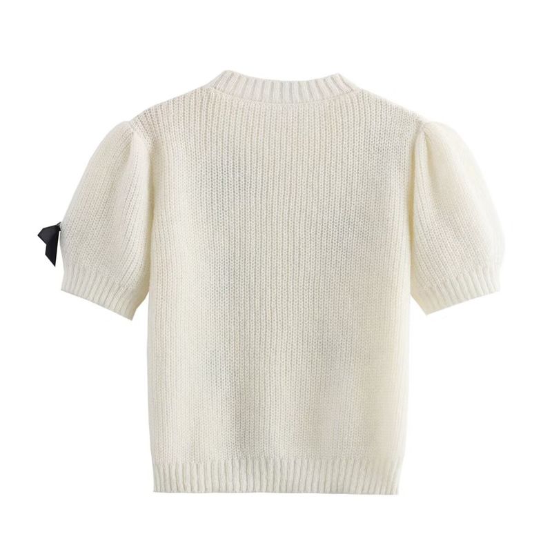 Damen Strick-Kurzarm-T-Shirt mit Schleifendetail – Lässiges Streetwear-Oberteil für Frühling & Herbst – Rundhalspullover in Beige, Schiefergrau, Khaki_voghion.com