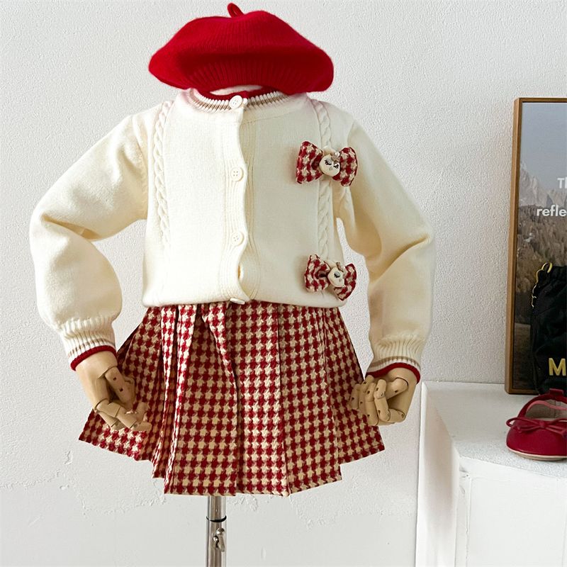 Completo in maglia per bambine con motivo scozzese - Completo morbido e confortevole in 2 pezzi per bambine piccole e medie (3-8 anni, 100-140 cm)_voghion.com