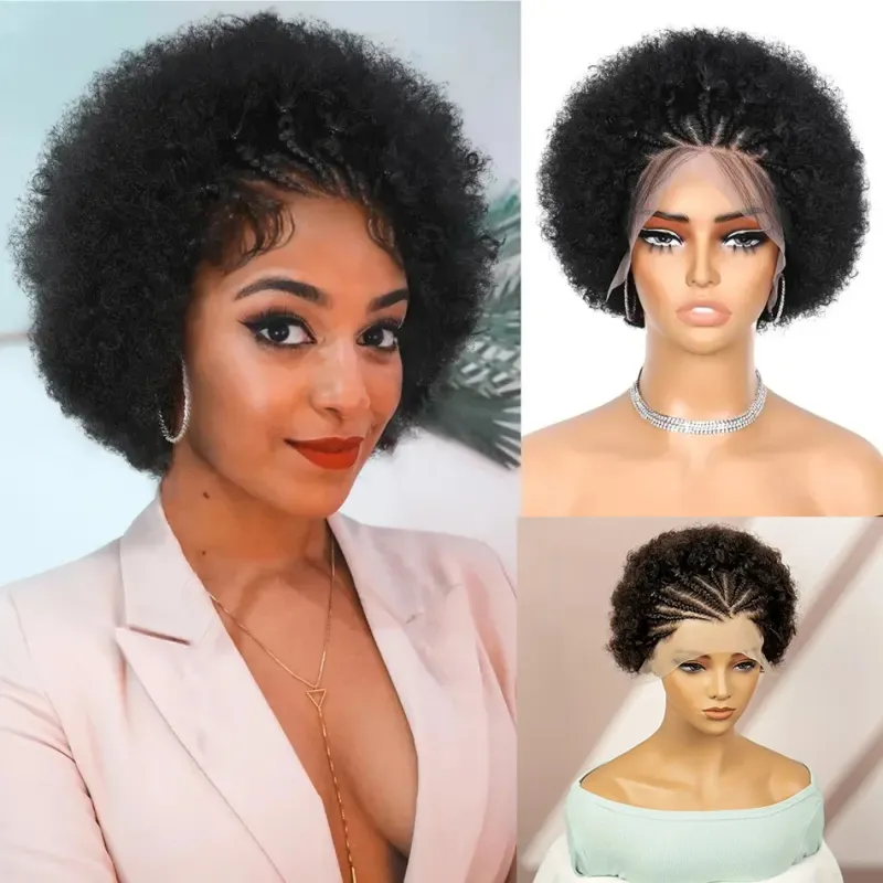 Brasilianskt Remy-hår Flätad Afrolockig Peruk med Flätor Spetsfrontal Spänstig Lockig Peruk för Kvinnor_voghion.com