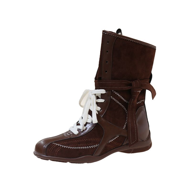 Height-Increasing Flat Boxing Women, Western Cowboy Boots, 2025 Spring And Autumn New Style, Suede Lace-Up Martin Boots_voghion.com