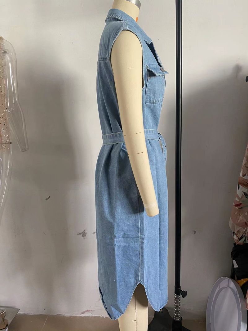 Abito in denim con lacci e vita aperta sul petto, senza maniche, con risvolto casual da donna _voghion.com