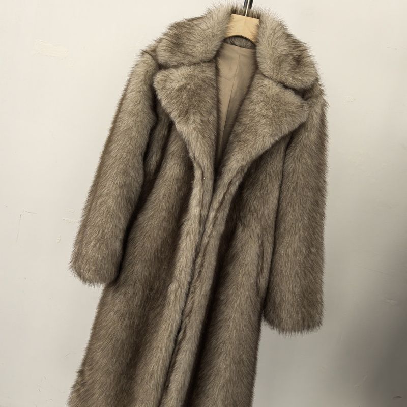 Damenbekleidung Hochwertiger Kunstpelz Umweltfreundlicher Damen Langer Kunstpelzmantel - Elegante Jacke Reverstaschen Individualisierbar_voghion.com