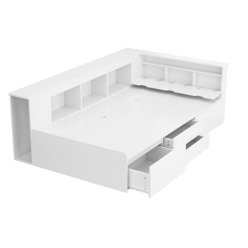 Lit enfant 90 x 200 cm, lit simple multifonction avec tiroirs de rangement, bibliothèque, armoire de rangement et compartiment de rangement sous le siège, blanc, matelas non inclus._voghion.com