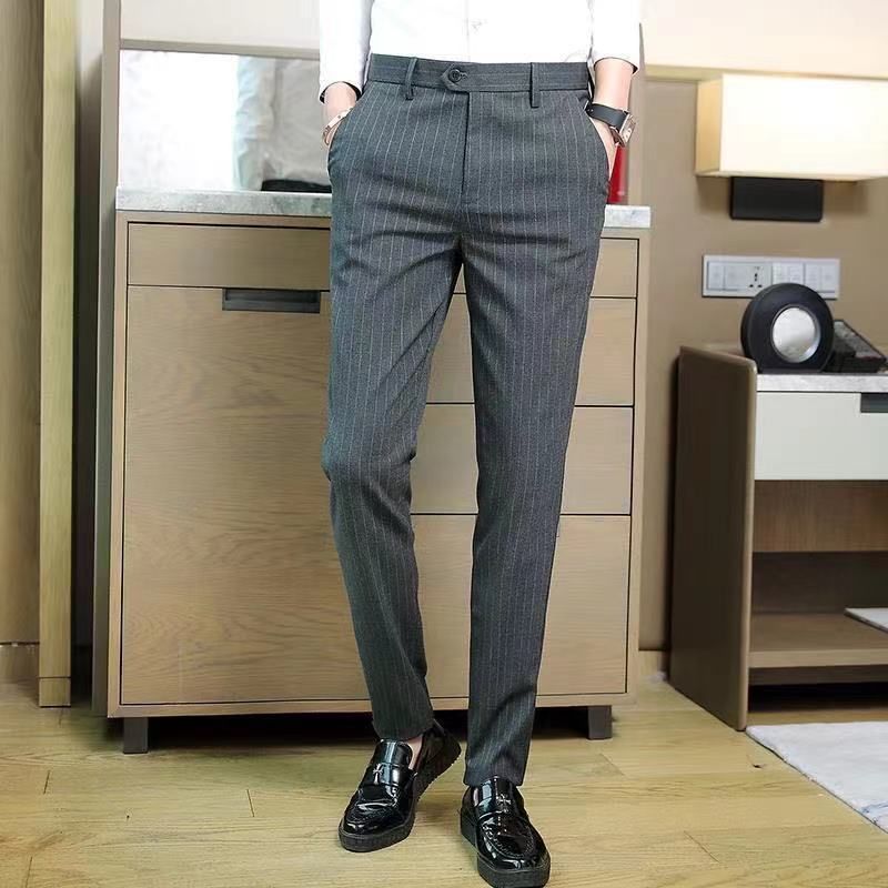 Spring/Summer Striped Western Men's Small Foot Casual Korean Version Slim Fit Elastic Vertical Pattern Nine Cent Suit_voghion.com