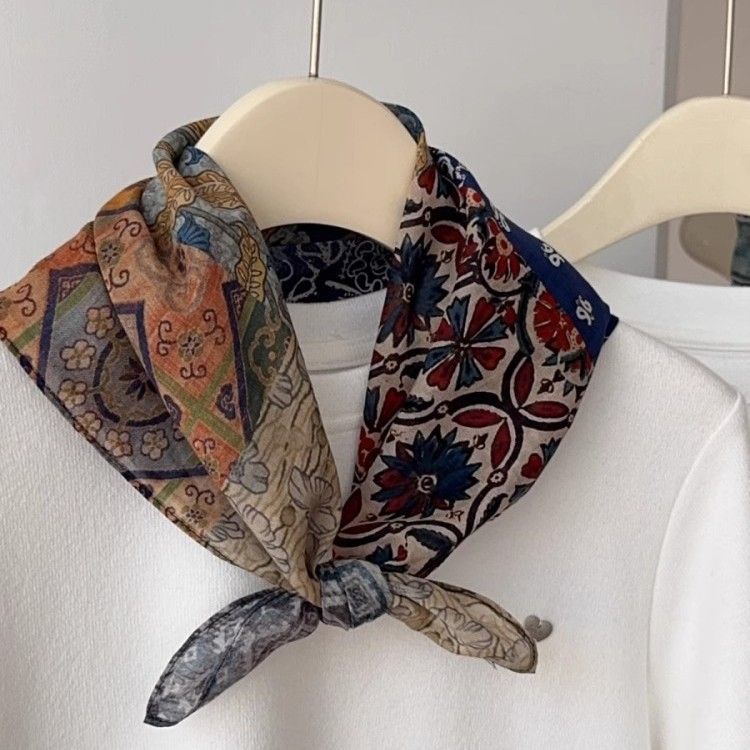 Oil Painting Cotton Linen Headband Small Square For Women Thin Waist Decorative Neck Scarf Sun Protection Head Wrap_voghion.com