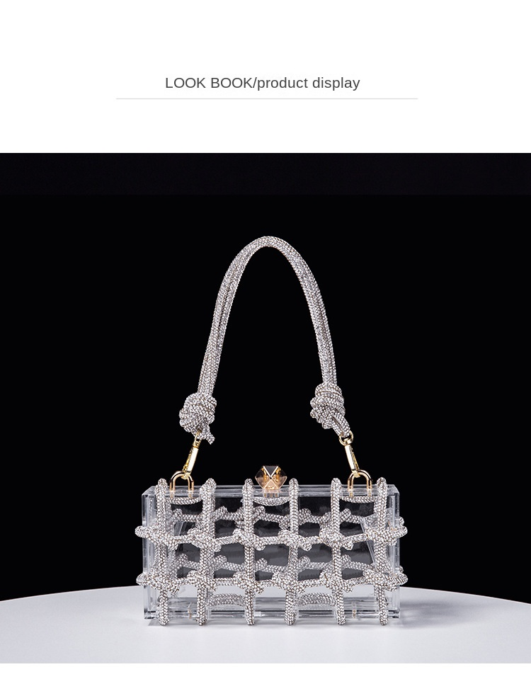 Original Design Diamond Clear Acryl Box Damen Bankett handgewebte Unterarm-Clutch mit Strasssteinen_voghion.com