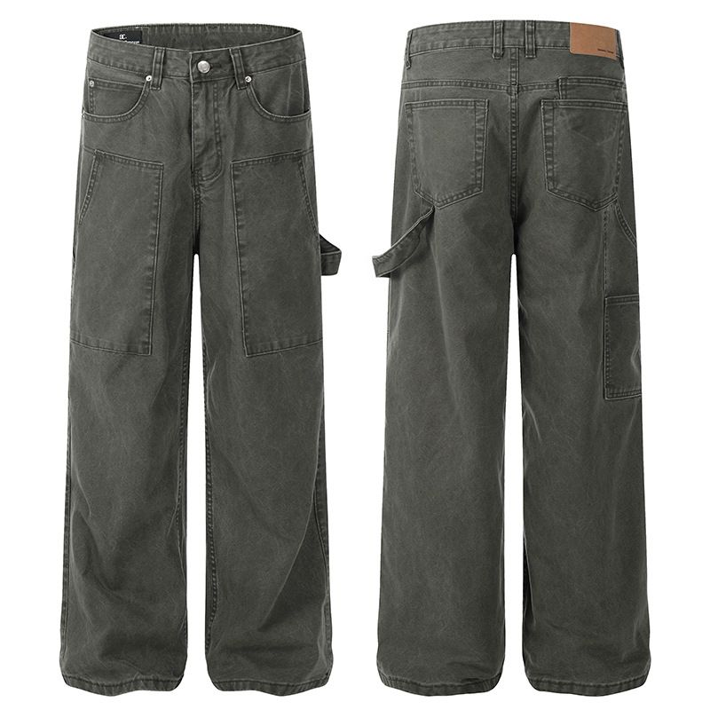 Gewaschene Cargo-Jeans mit mehreren Taschen im amerikanischen Stil für Herren, Street Fashion Ins, lockere, lässige, einfarbige, gerade lange Hosen_voghion.com