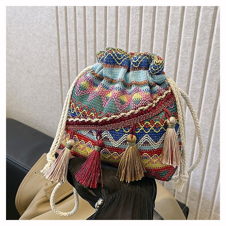 Borsa a secchiello da donna, stile etnico, borsa a tracolla con coulisse e nappa, borsa a secchiello da donna_voghion.com