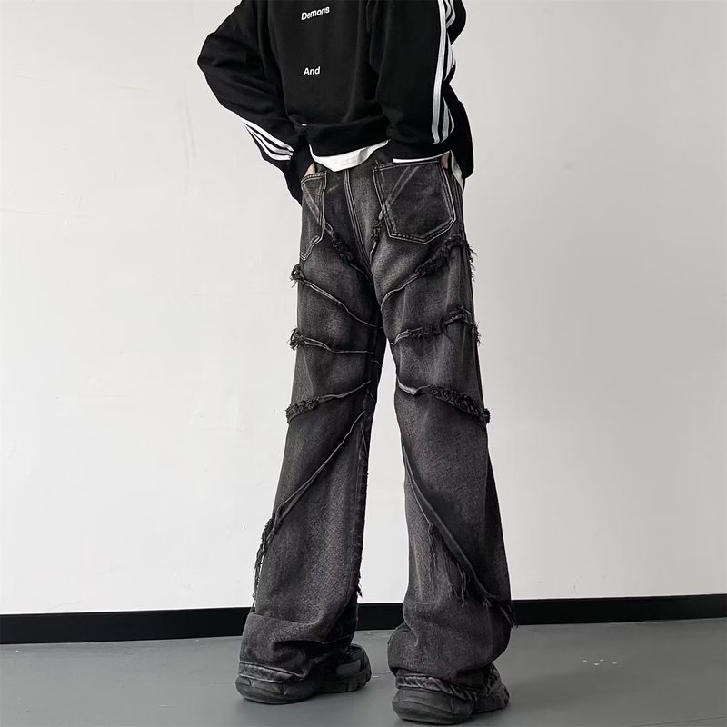 Pantaloni de cerat negru spălat, de înaltă calitate, în stil american, stil high street, ușor evazați, blugi, pantaloni periați, pentru bărbați_voghion.com