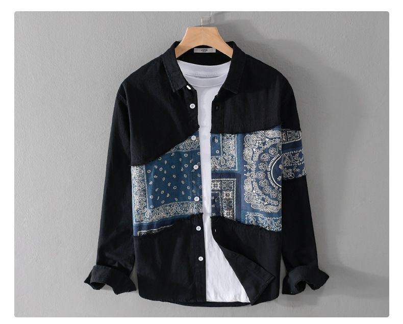 Abbigliamento maschile primavera e autunno, elegante casual, con cuciture stampate, camicia a maniche lunghe, tutto abbinato, camicia alla moda e alla personalità_voghion.com