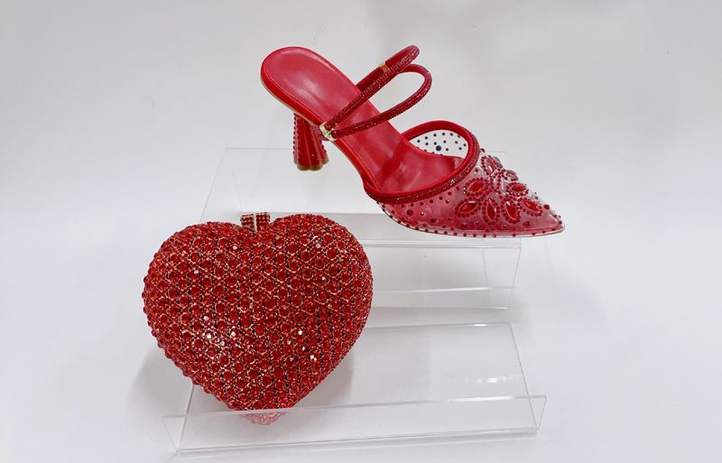 Women's High Heeled Sandals With Stilettos And Pointed Toes, Crystal Glass Flower High Heeled Sandals, Red Bridal Party Bag_voghion.com