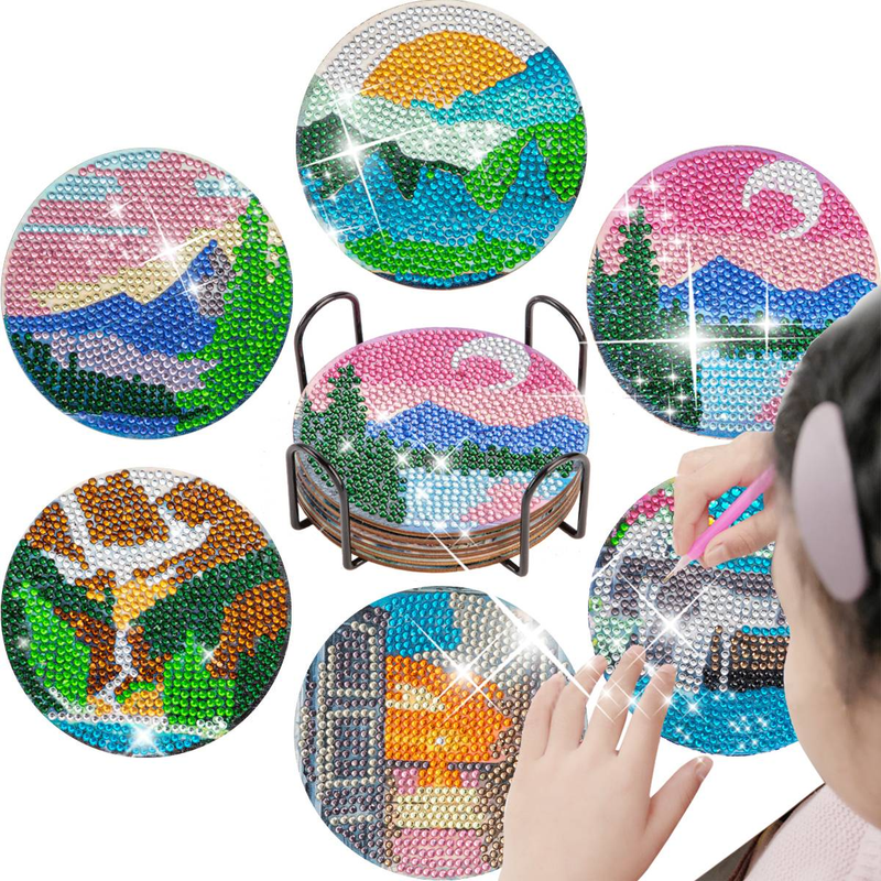 6pc/sets Diamond Painting Coasters with Holder Scenery Diamond Art Coasters DIY Diamond Restaurant Decoration For Kid Gift_voghion.com