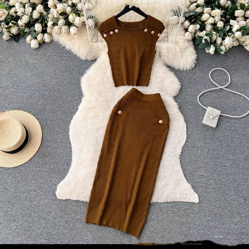 Ropa de mujer tops sin mangas todo combina con falda de cintura alta temperamento estilo dama traje de dos piezas_voghion.com