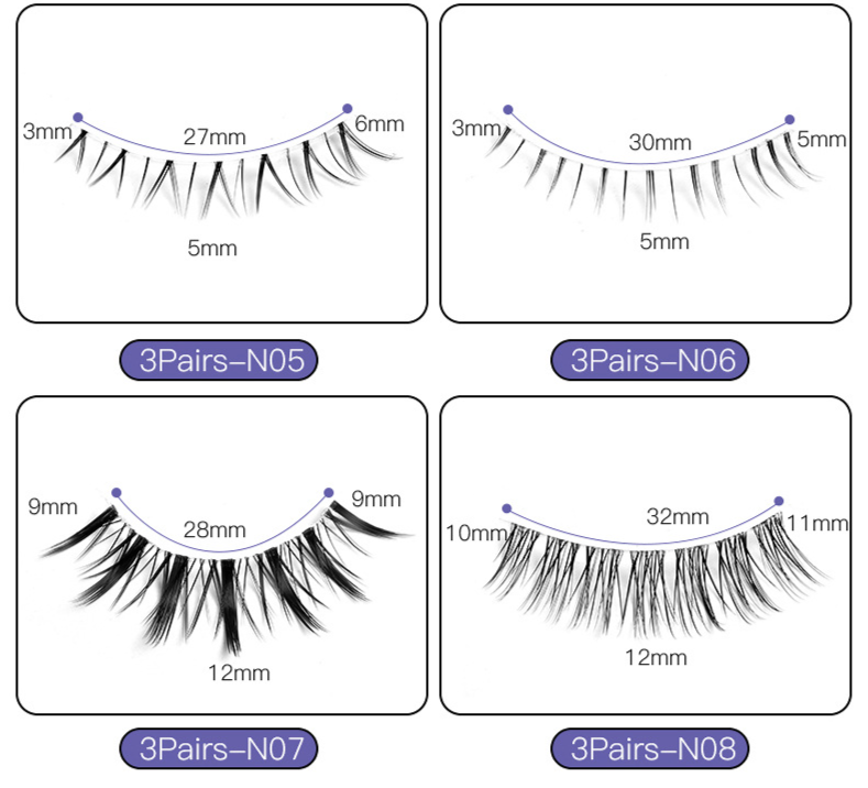 Cílios postiços enxertados para iniciantes Simulação natural 3 pares Curvatura cruzada Transparente Maquiagem simples Super macio Curto_voghion.com