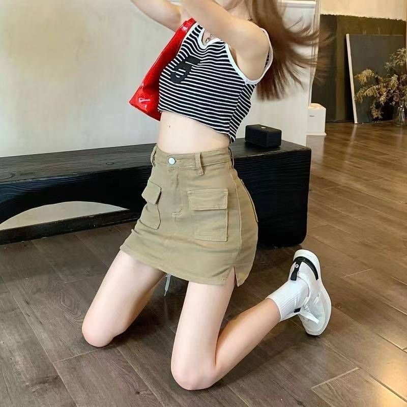 Women's Clothing Khaki Denim Skirt Women Summer New High Waist Slim Niche Pocket A Line Short Skirt Hip Skirt_voghion.com