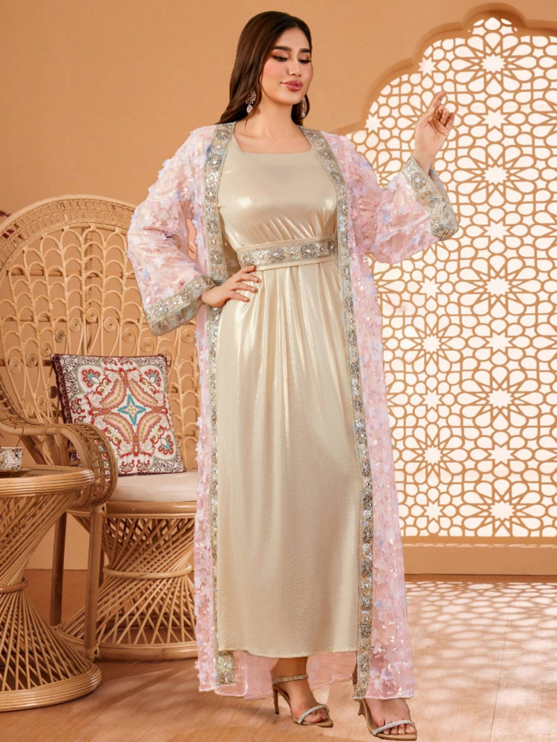 Muslimische Damenbekleidung Neue elegante Luxus bestickte Spitze zweiteilige Robe Abaya_voghion.com