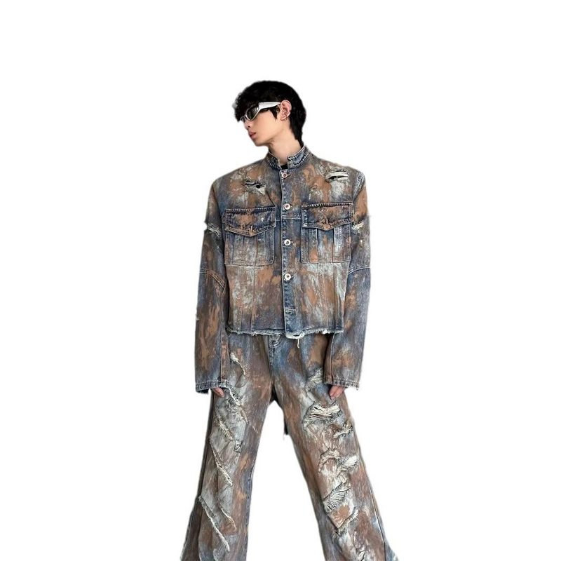 Ensemble veste et jean en denim vieilli teinté boue – Ourlet brut, style streetwear grunge, coupe oversize, tenue vintage unisexe (bleu, collection automne)_voghion.com