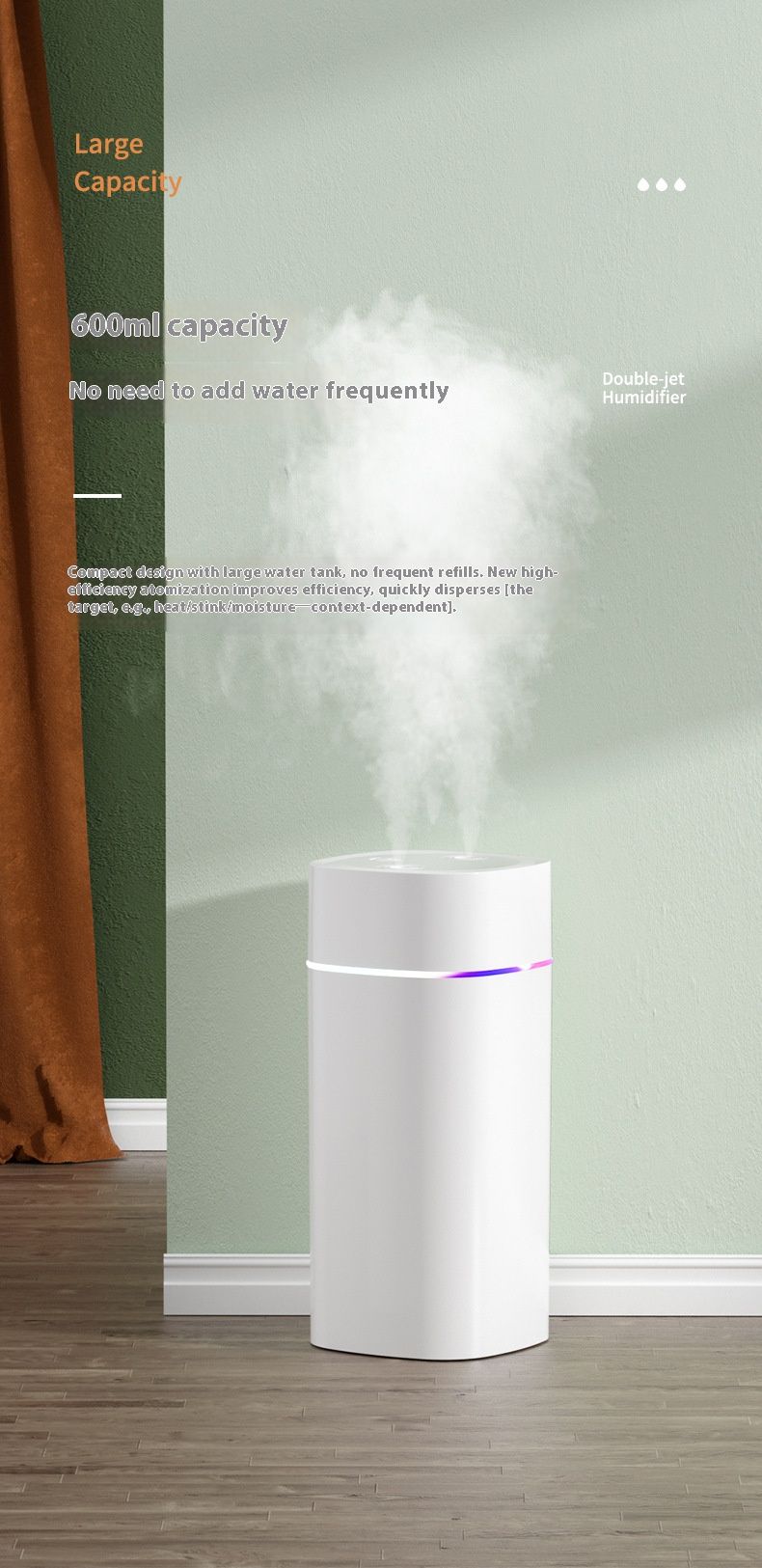 Luftbefeuchter mit zwei Düsen – USB-/Auto-betriebener tragbarer Luftbefeuchter mit 2 Sprühstößen für Zuhause und unterwegs (500 ml – 1 l Fassungsvermögen, 10–20 m² Abdeckung, 36 dB leise)_voghion.com