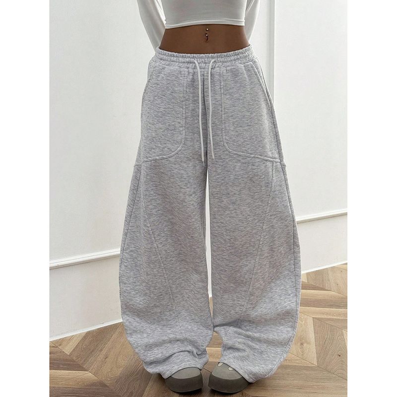 Streetwear-Jogginghose für Damen – Locker sitzende, lässige Jogginghose mit hoher Taille und Taschen, trendige Loungehose mit weitem Bein (Grau)_voghion.com