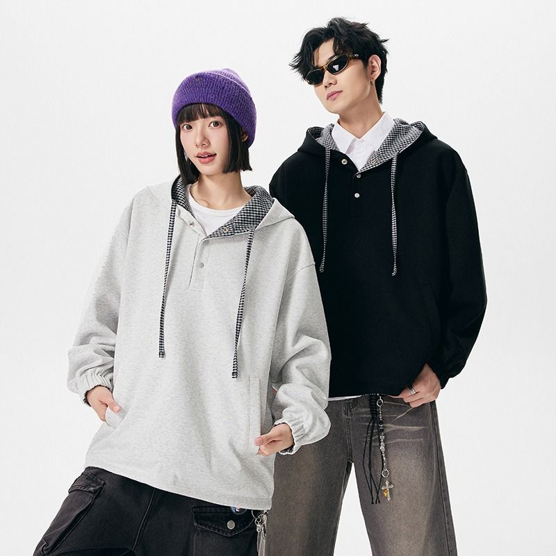 Wendbarer karierter Hoodie – Koreanischer Oversize-Unisex-Reißverschluss vorne mit zwei Trageoptionen, Schwarz und Grau kariert_voghion.com