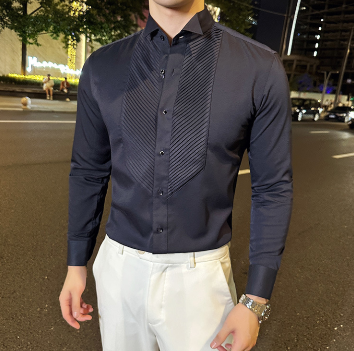 Elegante camicia da uomo con colletto alla francese a punta – vestibilità slim e polsini plissettati – perfetta per banchetti ed eventi formali_voghion.com