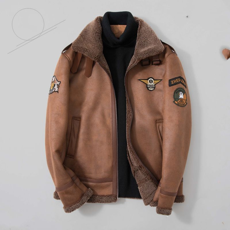 Blouson aviateur en simili-suède et polaire pour homme – Coupe ajustée, fermeture éclair, style aviateur (noir/marron, M-5XL)_voghion.com