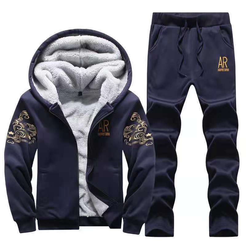 Men's Fleece-Lined Winter Tracksuit Set - Soft Sheep Velvet Fabric, Casual & Stylish Two-Piece Outfit For Plus Size (US XS-XXL, Grey/Black/Blue)_voghion.com