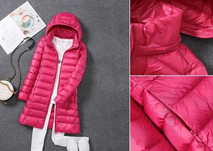 Women's Lightweight Down Jacket - Detachable Hood Mid-Length Coat With White Duck Feather, Slim Fit & Stylish For Everyday Wear_voghion.com