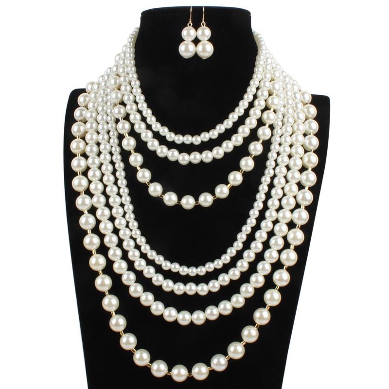 Ready Stock one set 7rows white ACRYLIC pearl round BEAD necklace earrings_voghion.com