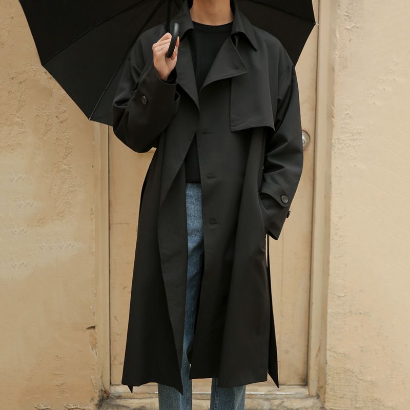 MYQ Autumn New Korean Style Double-Breasted Trench Mid-Length Loose Coat Stylish Men's Jacket_voghion.com